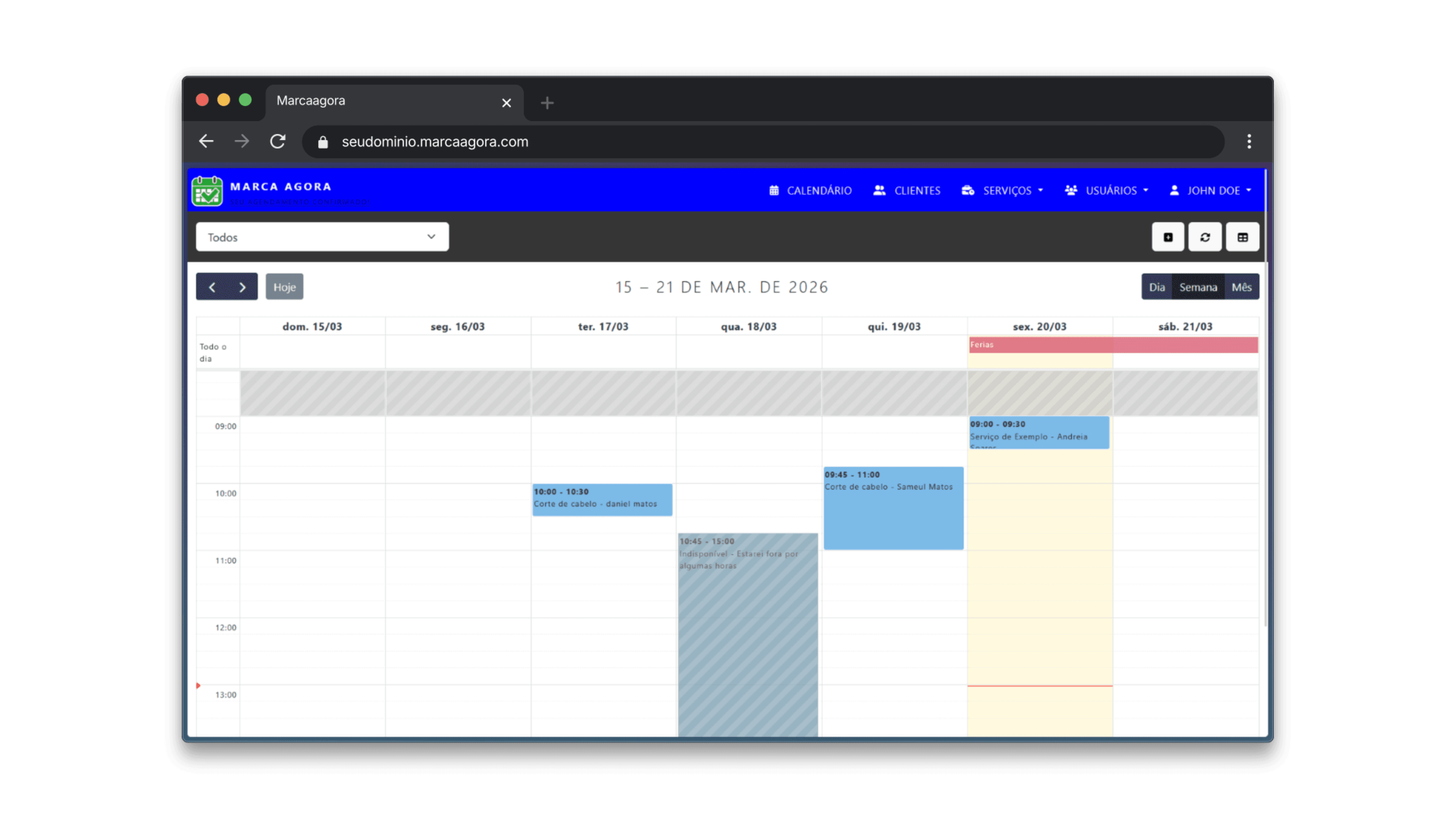 Captura da interface MarcaAgora — agenda e agendamentos